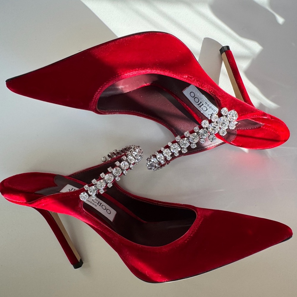 Jimmy Choo Red Velvet Heels with Crystal Embellishments - Picture 5 of 7